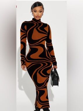 Fashion Nova Black and Brown Turtleneck Bodycon Maxi Dress. Never worn.